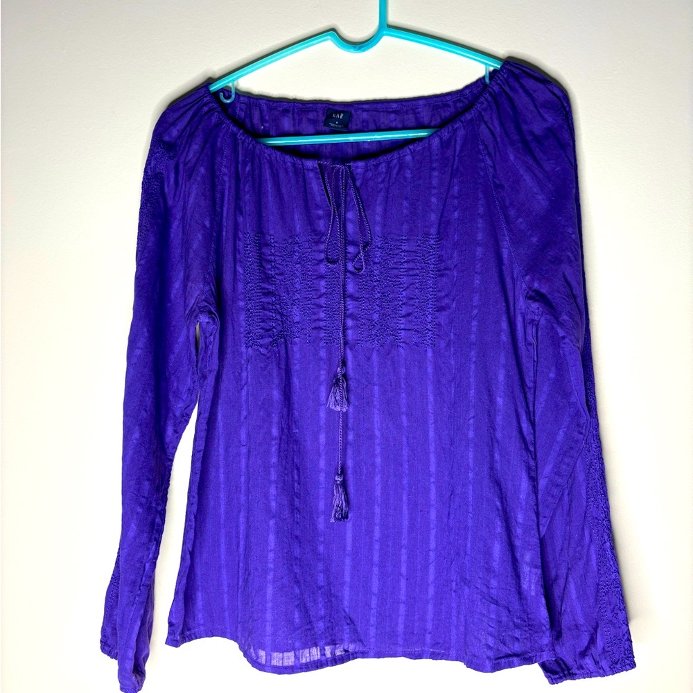 Gap long sleeve Boho Cotton Shirt With Tie Front and Fabric Detail. Women Small.